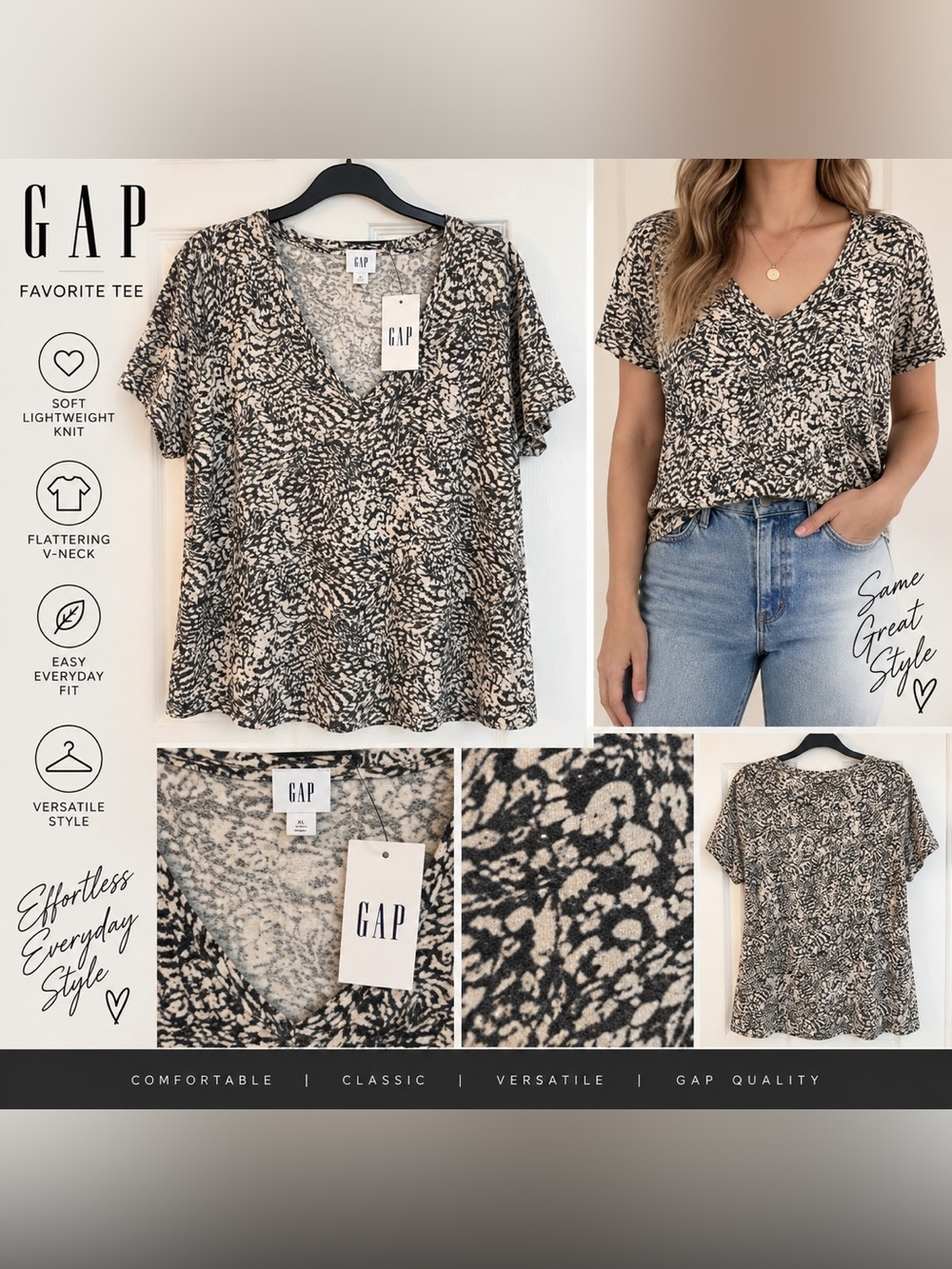 NWT GAP Favorite Tee XL Black Ivory Abstract Animal Print V-Neck T-Shirt